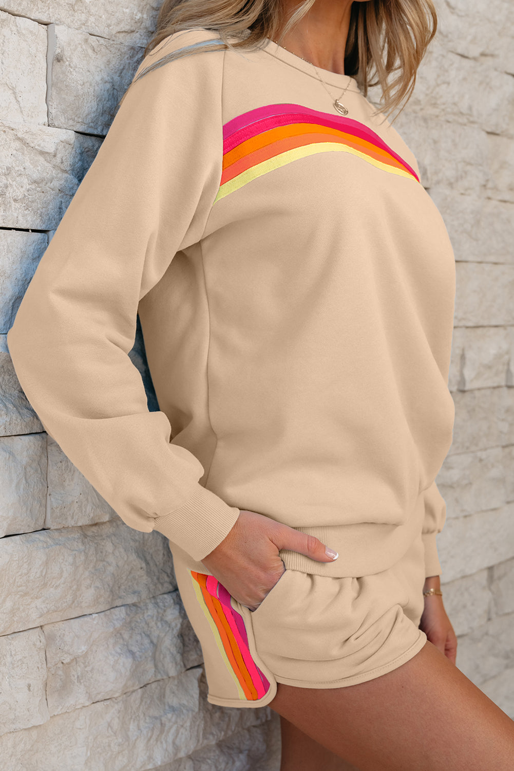 Bonbon Striped Accent Pullover and Shorts Two Piece Casual Set