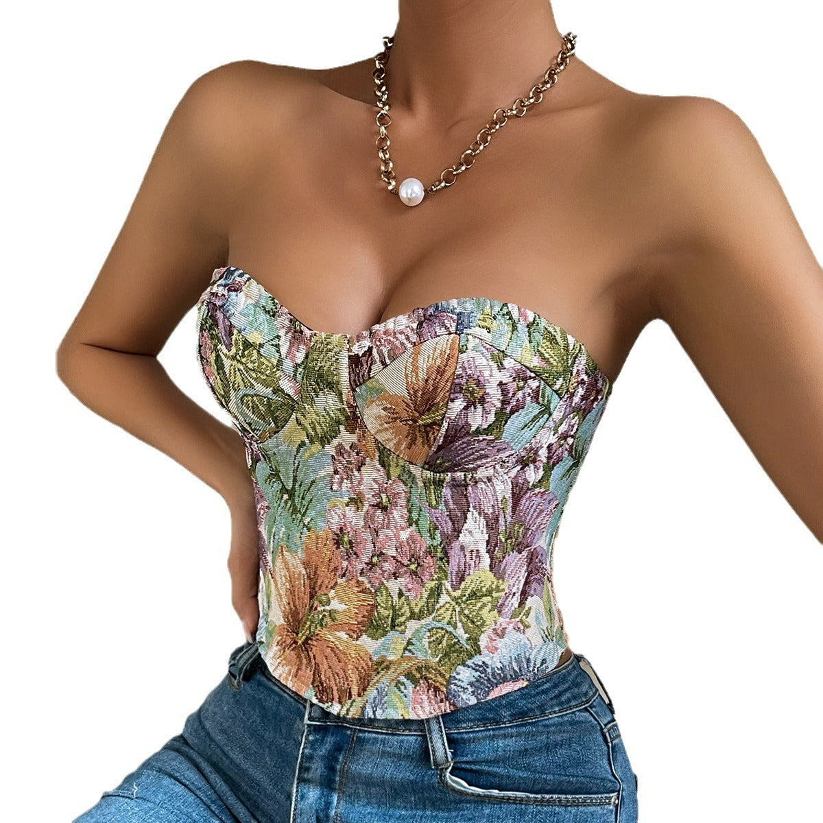 Retro Flower Girdling Band Adjustable Tube Top