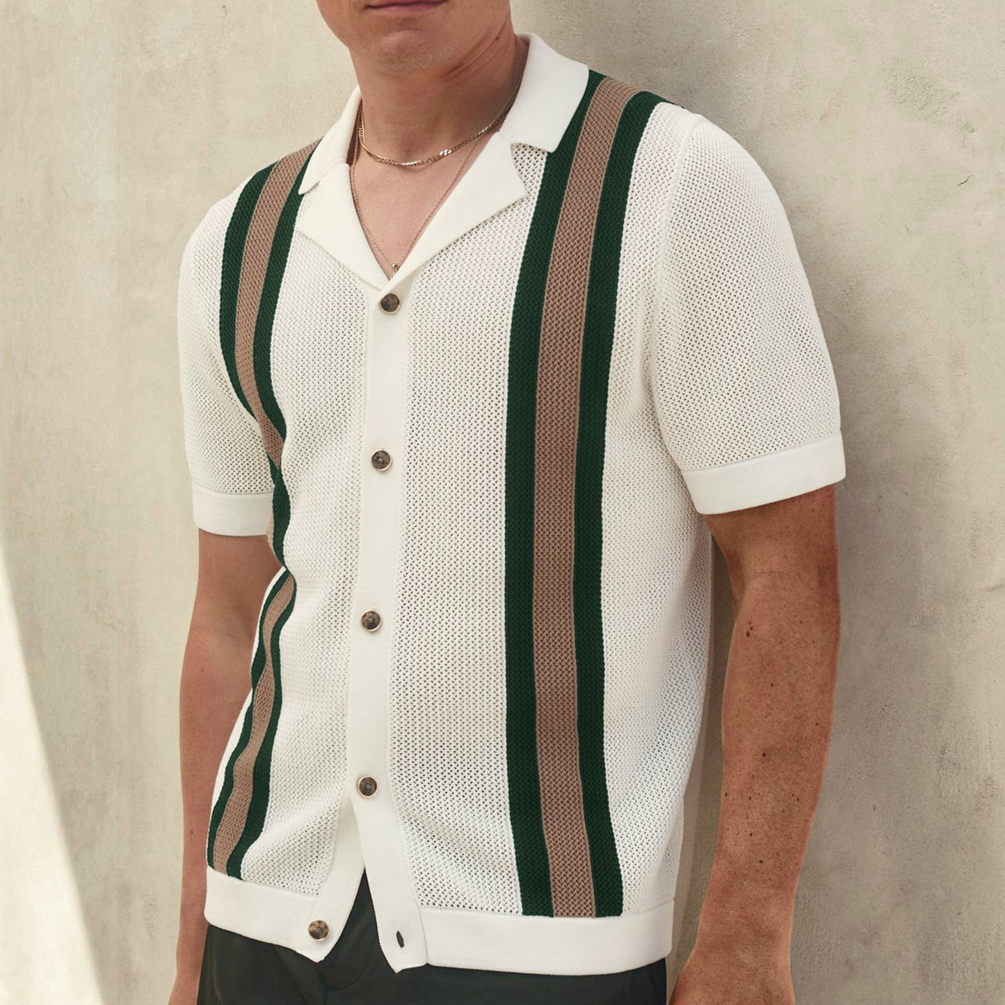 Men's Fashion Cuban Collar Short Sleeve Knitted Cardigan