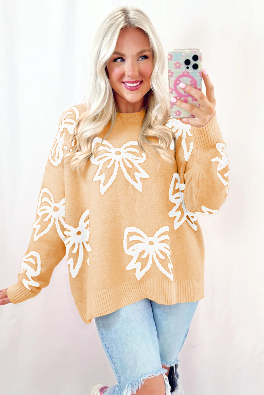 Pink Bow Pattern Drop Shoulder Loose Sweater