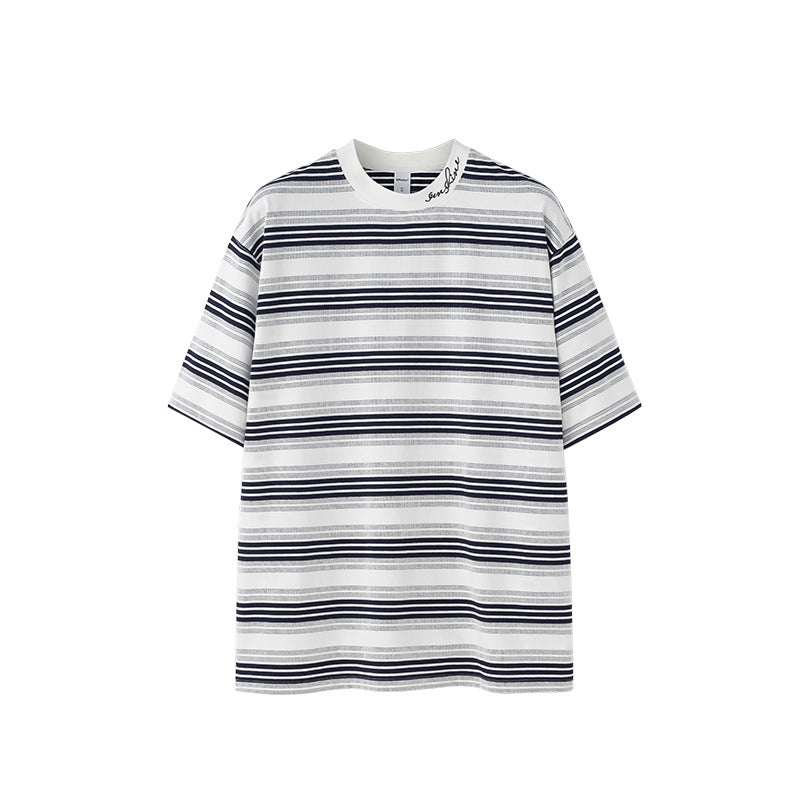 Men's Striped T-shirt Fine Woven Plaid Loose Street Embroidery