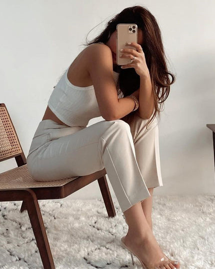 Pleated Casual High Waist Pure Color Slim-fit Basic Pants