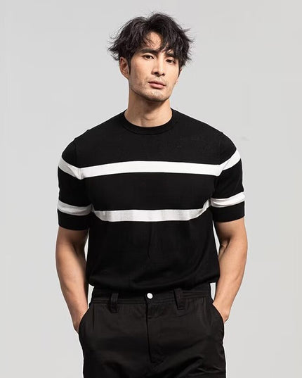 Men's Retro-style Round-neck Knitted Top With Ice Silk Short Sleeves