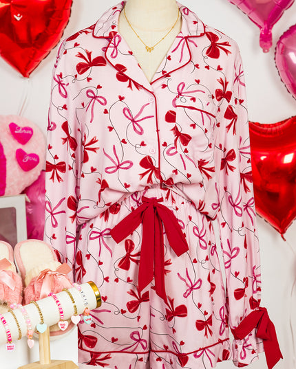 Red Bow Print Valentine Long Sleeve Shirt Shorts 2 Pcs Pajama Set