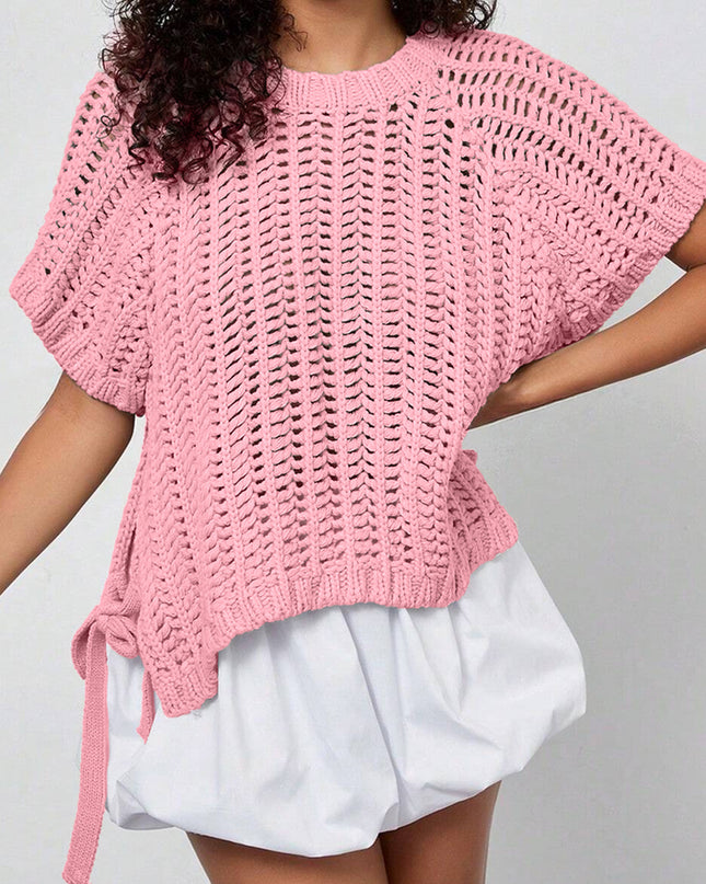 Ashleigh Blue Plus Size Open Knit Bow Tie Short Sleeve Sweater