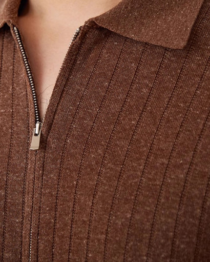Linen Blend Lapel Zipper Sunken Stripe Short Sleeve