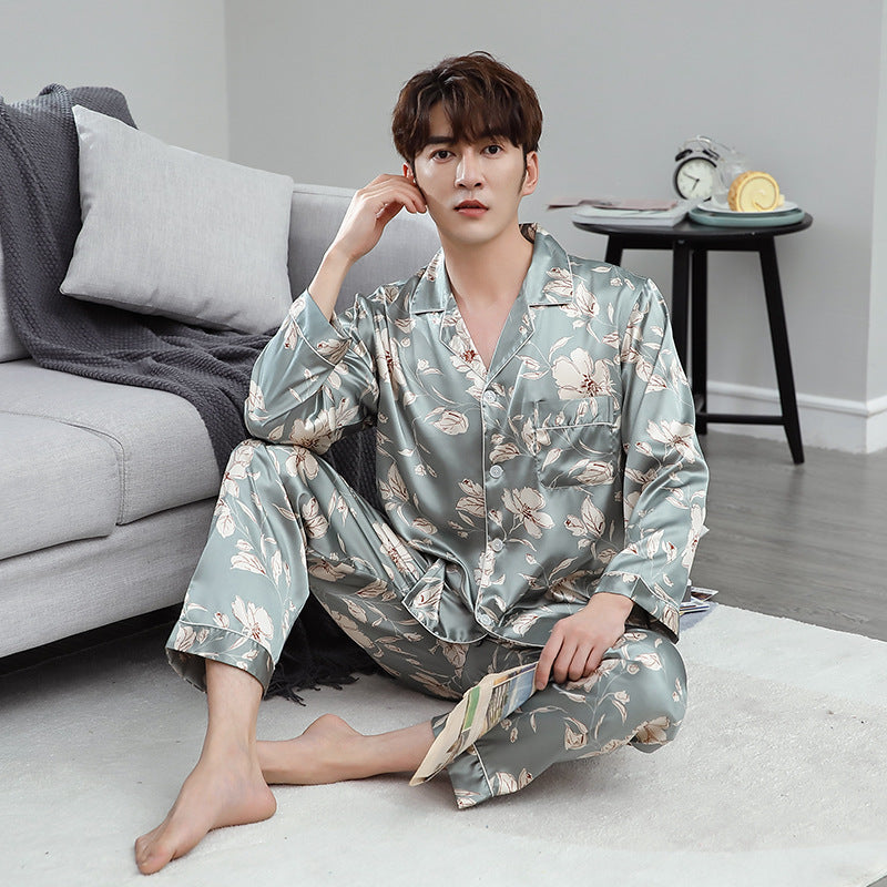 Ice Silk Couple Pajamas Spring And Summer Long-sleeved Printed Silk Pajamas