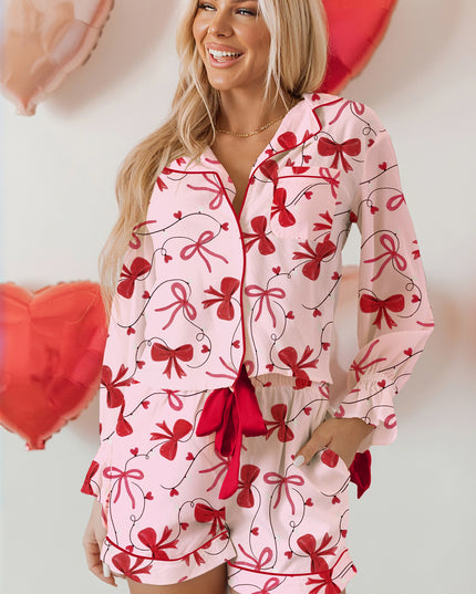 Red Bow Print Valentine Long Sleeve Shirt Shorts 2 Pcs Pajama Set