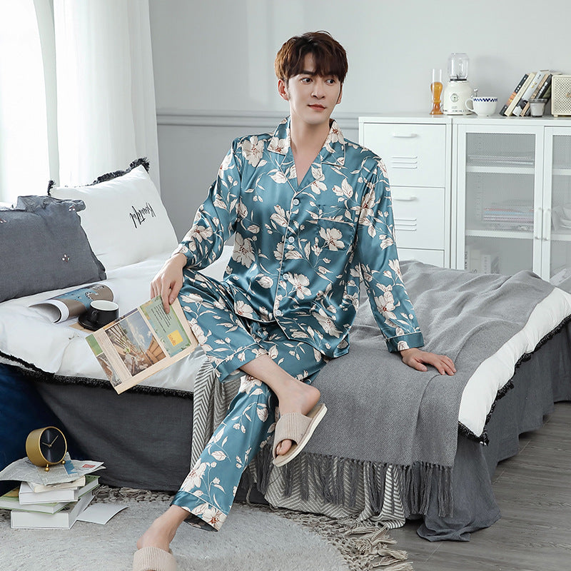 Ice Silk Couple Pajamas Spring And Summer Long-sleeved Printed Silk Pajamas