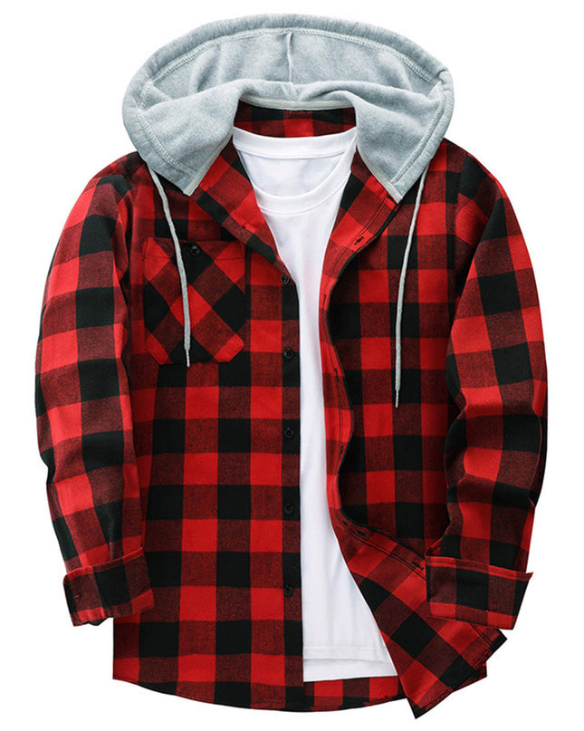 Hooded Plaid Shirt Men's Casual
