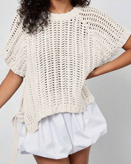 Ashleigh Blue Plus Size Open Knit Bow Tie Short Sleeve Sweater