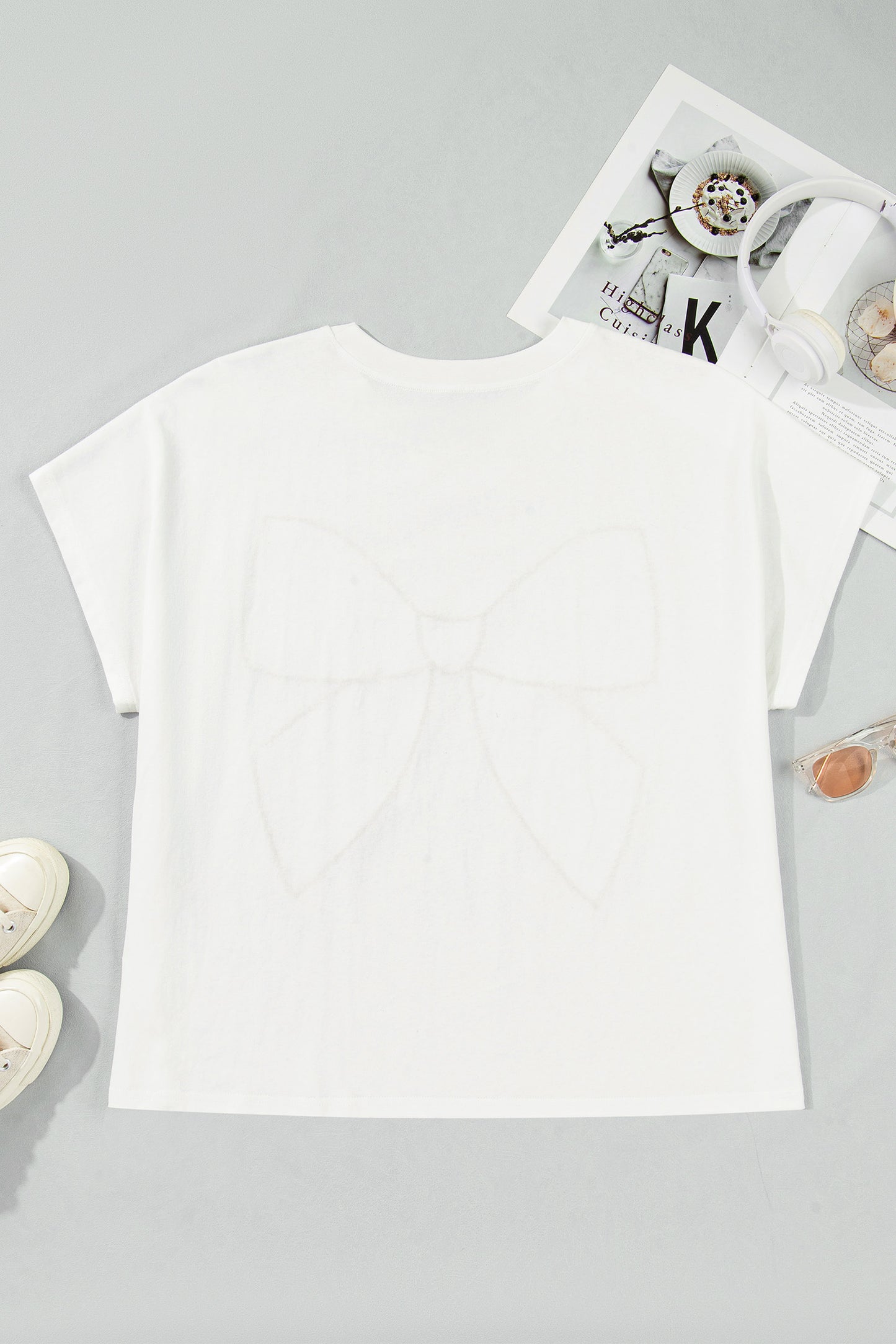 White Plus Size Leopard Bow Embroidered Patch Casual T Shirt