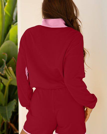 Red Dahlia Color Block Patchwork Half Button Pullover and Shorts 2pcs Outfit
