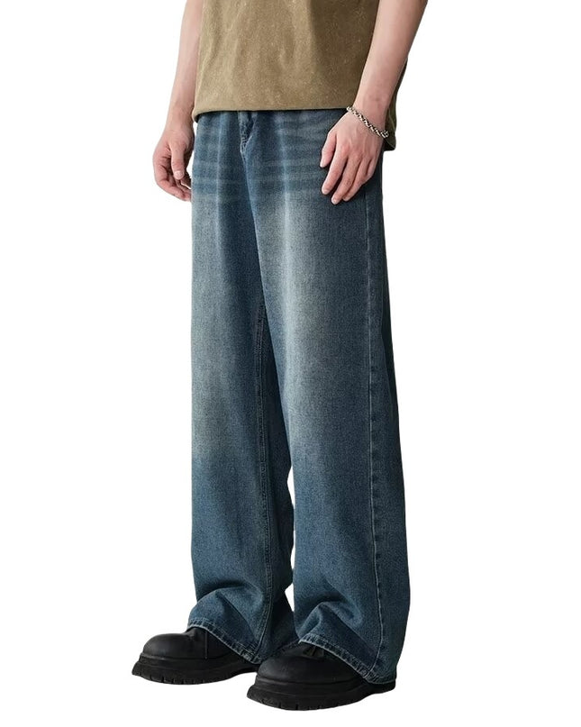 Mens Straight-Leg Relaxed-Fit Vintage Blue Denim Jeans In American Style