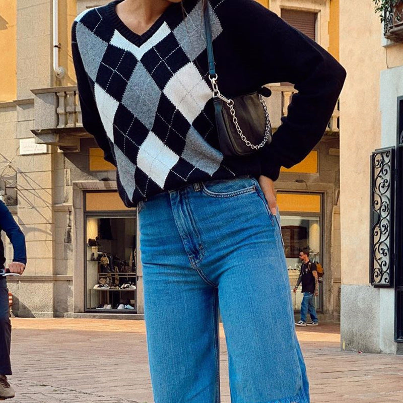 V-neck Checkered wool knit Sweater top