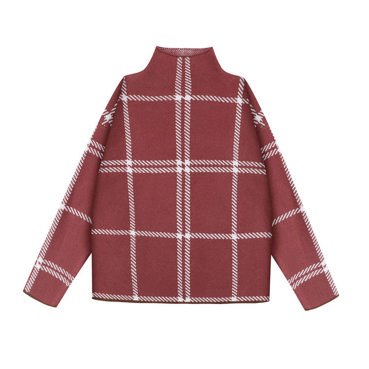 Core-spun high neck plaid sweater top