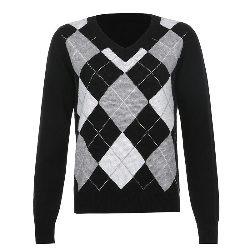 V-neck Checkered wool knit Sweater top