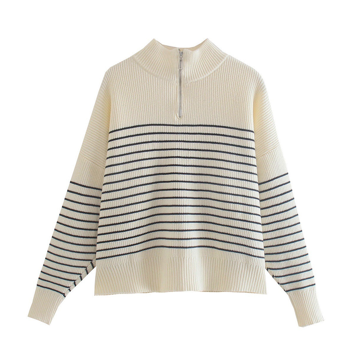 Striped Splicing Knitwear Zip-up Turtleneck Sweater