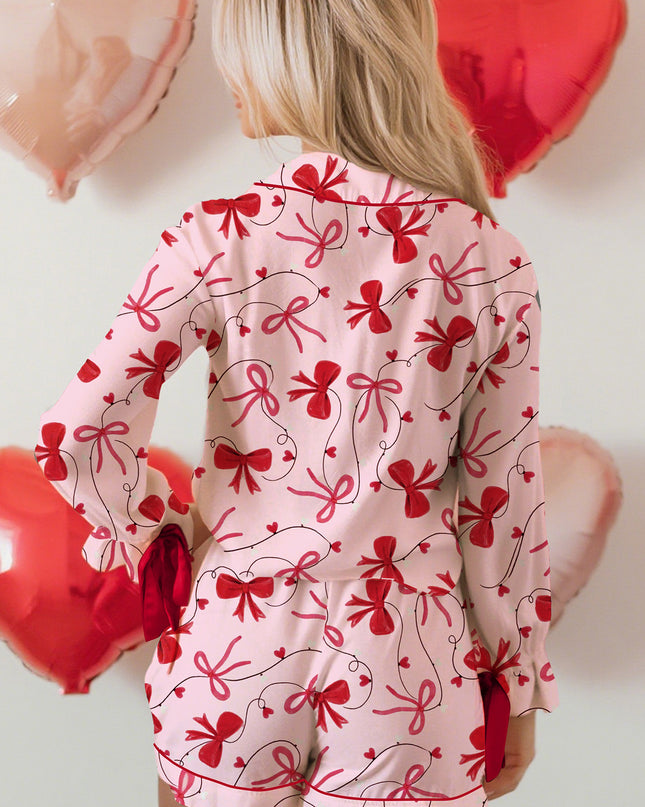 Red Bow Print Valentine Long Sleeve Shirt Shorts 2 Pcs Pajama Set