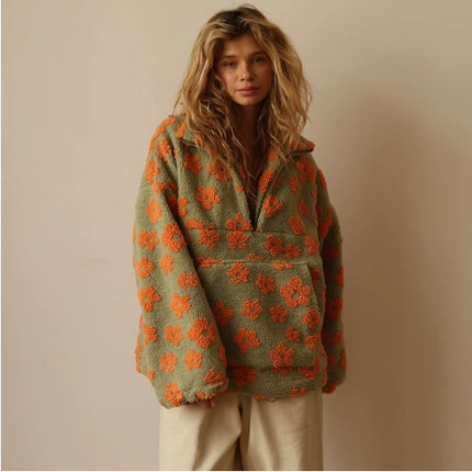 Winter Pullover Flowers Sweatshirt With Big Pockets
