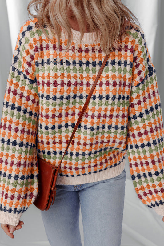 Multicolour Dotty Striped Pattern Knit Drop Shoulder Sweater