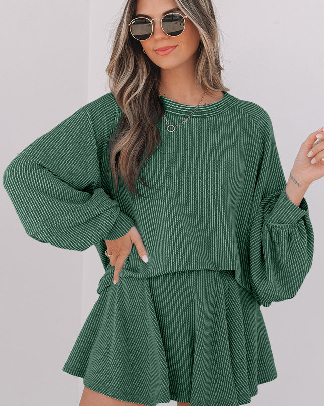 Sky Blue Corded Lantern Sleeve Top High Waist Ruffled Mini Skort Set
