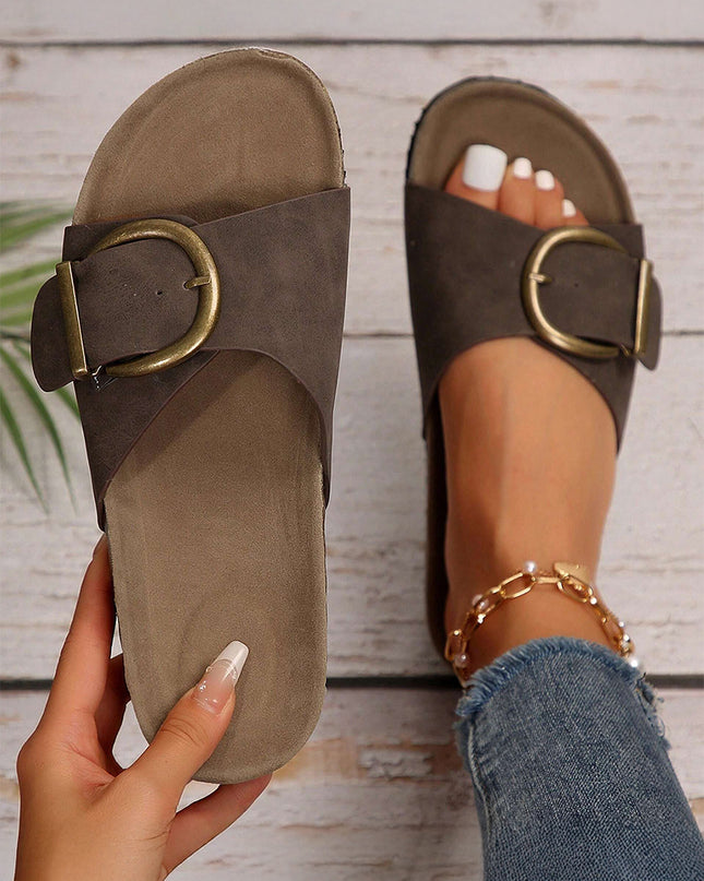 Coffee Buckle Decor Faux Suede Thick Sole Slippers