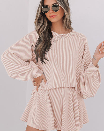 Sky Blue Corded Lantern Sleeve Top High Waist Ruffled Mini Skort Set