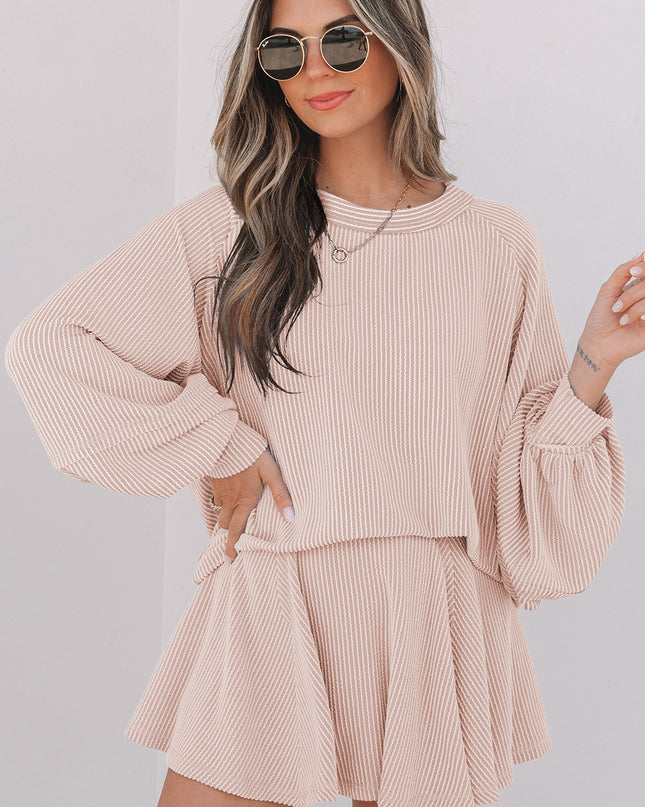 Sky Blue Corded Lantern Sleeve Top High Waist Ruffled Mini Skort Set
