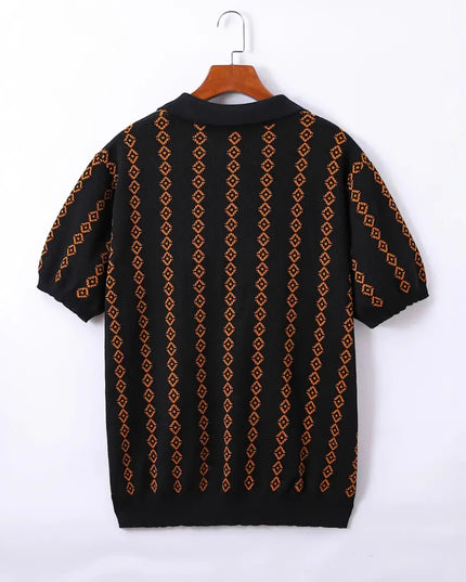 Men's Knitted Striped Polo Shirt Lapel Half Sleeve Jacquard T-shirt