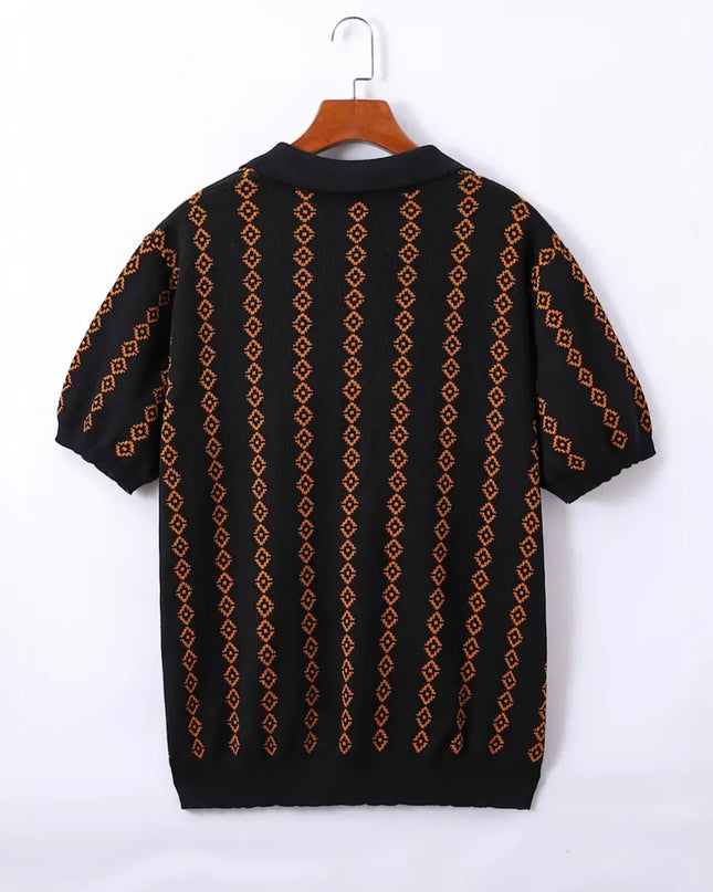 Men's Knitted Striped Polo Shirt Lapel Half Sleeve Jacquard T-shirt