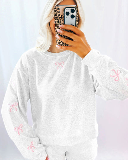 Sachet Pink Girly Bow Embroidered Detail Puff Sleeve Pullover 2pcs Short Set