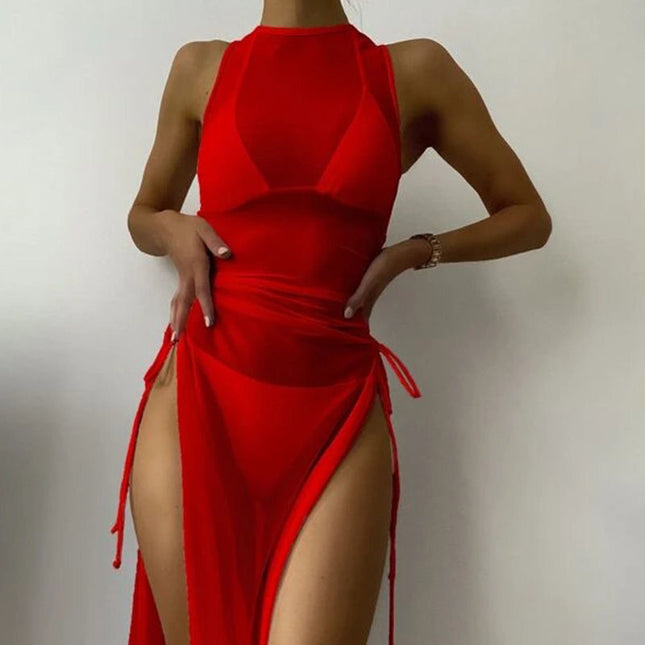 3 Piece set Swimsuit Solid Color Mesh with Split