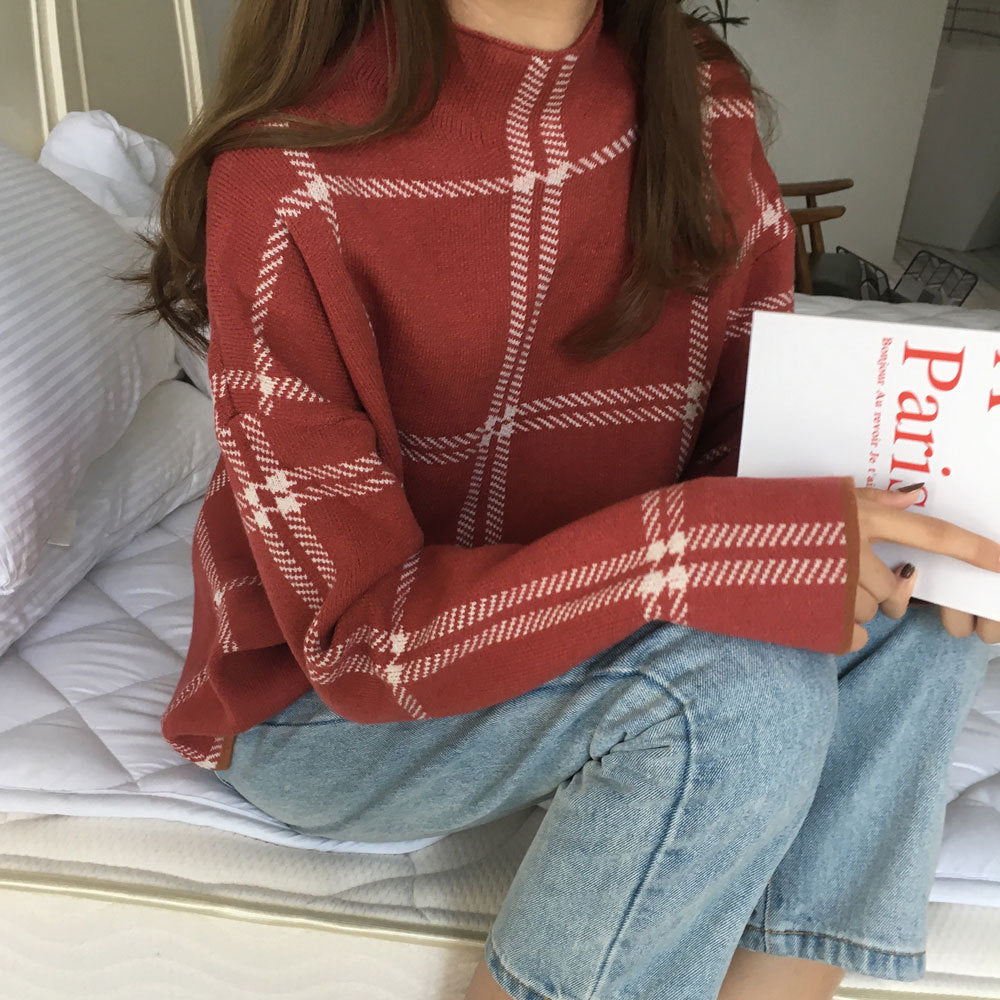 Core-spun high neck plaid sweater top