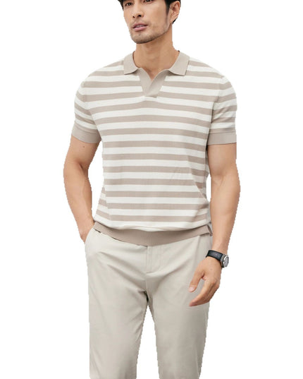 Summer New Ice Silk Short Sleeve Knitted Men's V-neck Lapel Slim