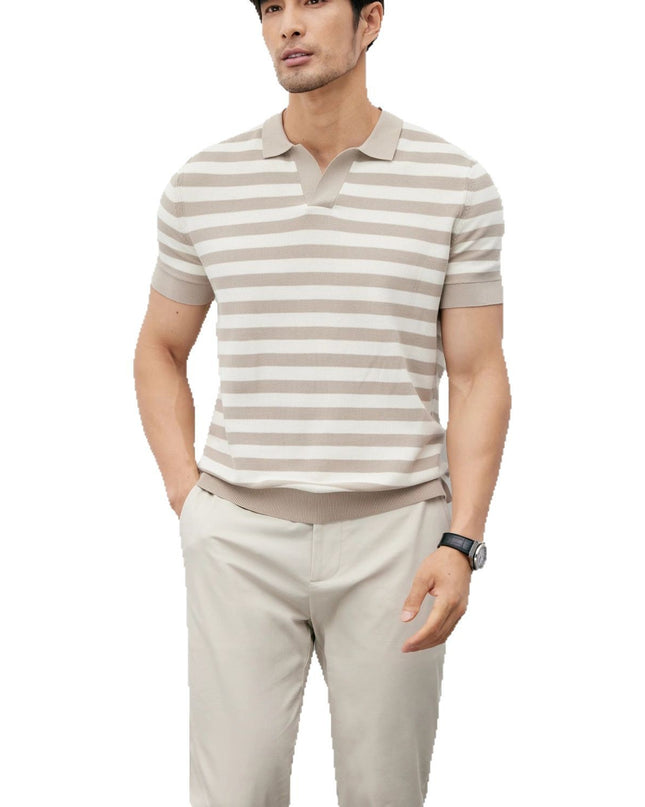 Summer New Ice Silk Short Sleeve Knitted Men's V-neck Lapel Slim