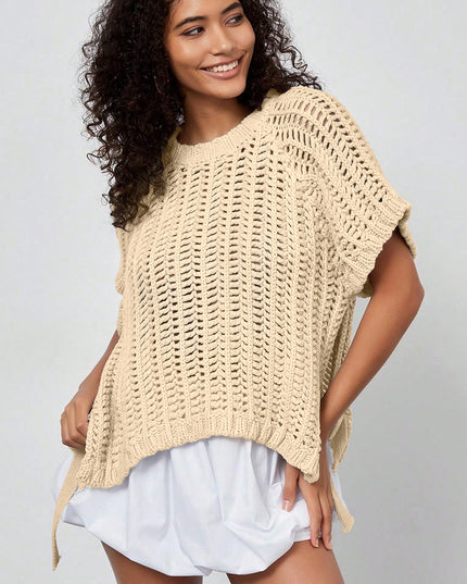 Ashleigh Blue Plus Size Open Knit Bow Tie Short Sleeve Sweater