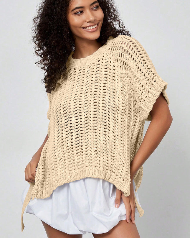 Ashleigh Blue Plus Size Open Knit Bow Tie Short Sleeve Sweater
