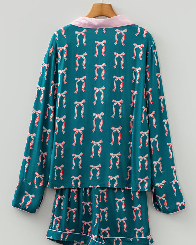 Green Ribbon Bow Print Silky Long Sleeve Shirt and Shorts 2pcs Pajama Set