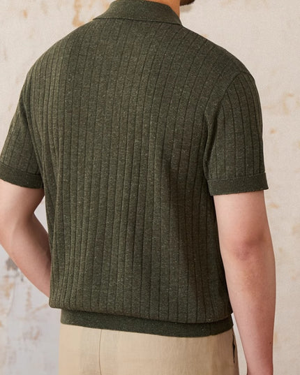 Linen Blend Lapel Zipper Sunken Stripe Short Sleeve