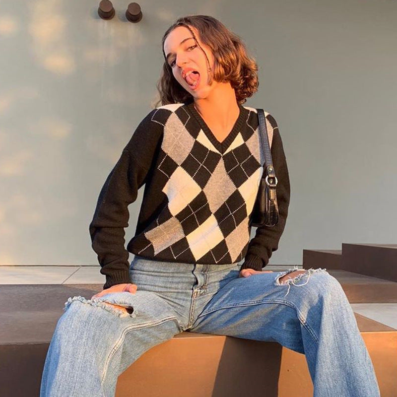 V-neck Checkered wool knit Sweater top