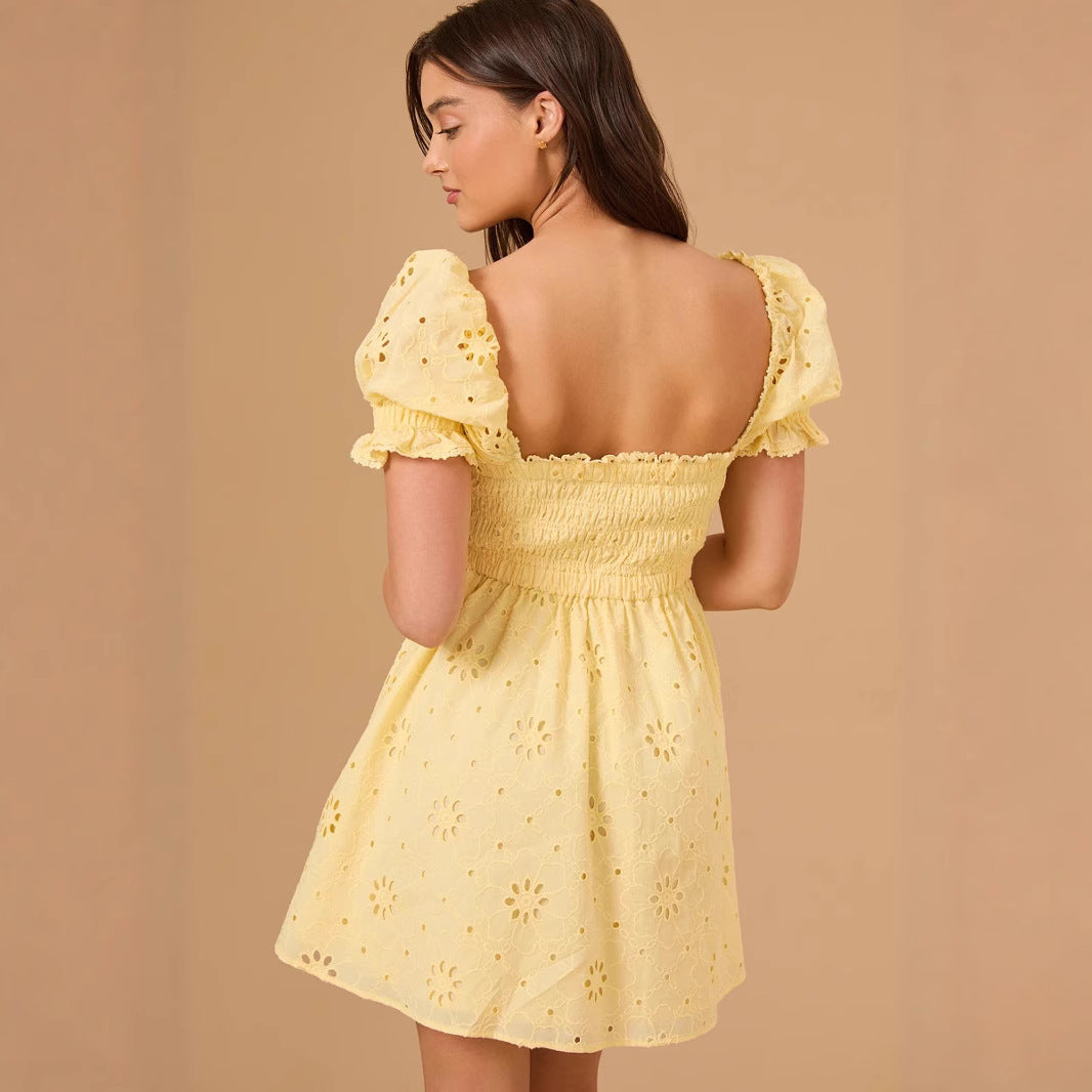 Vacation-style Sweet Embroidered Square-neck Dress