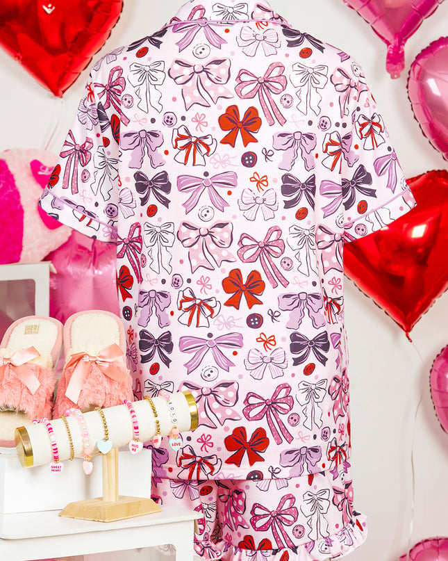 Pink Cute Ribbon Bows Printed 2pcs Short Pajama Set