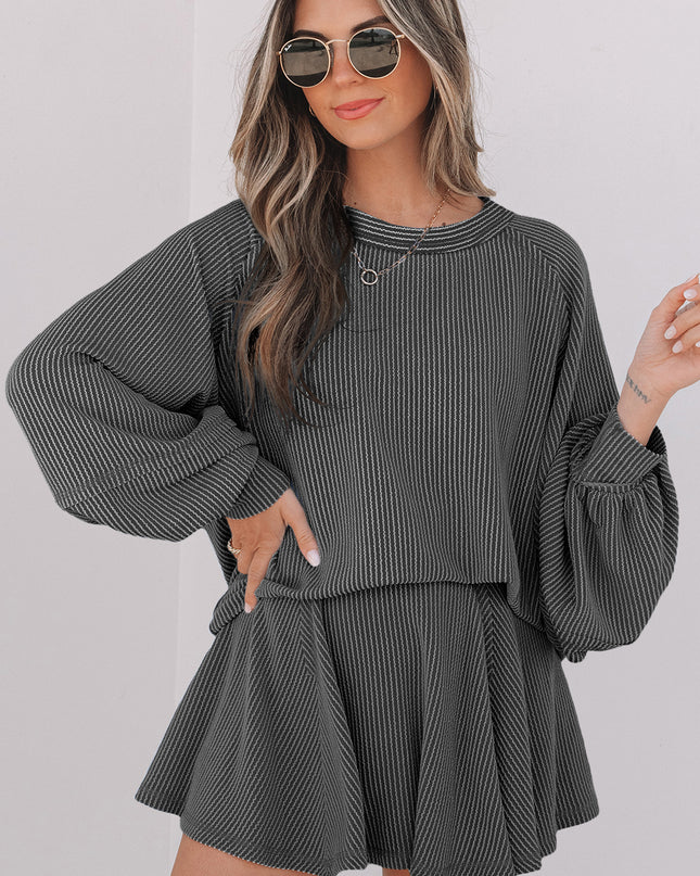 Sky Blue Corded Lantern Sleeve Top High Waist Ruffled Mini Skort Set