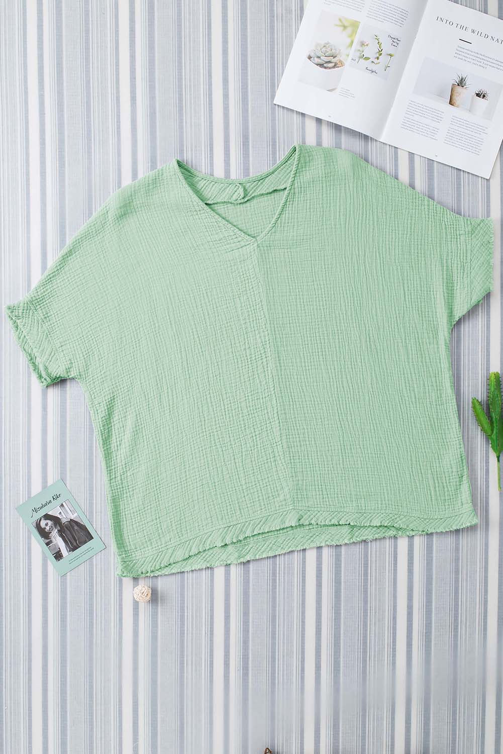 Green Frayed Batwing Sleeve Textured Cotton Blouse