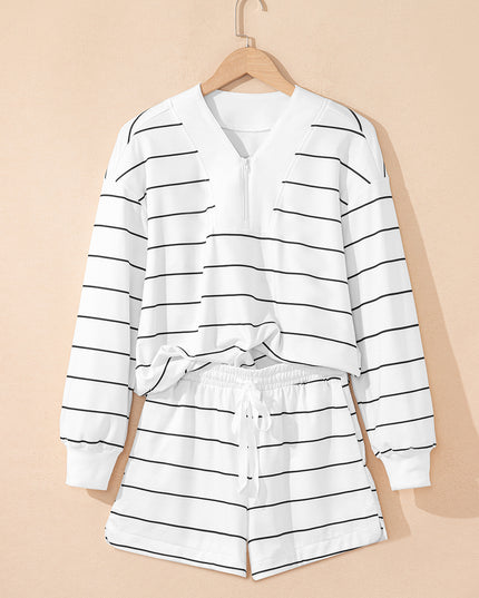 White Stripe Zip up Drop Shoulder Pullover and Short 2pcs Outfit