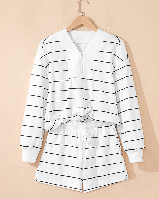 White Stripe Zip up Drop Shoulder Pullover and Short 2pcs Outfit