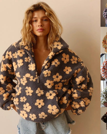 Winter Pullover Flowers Sweatshirt With Big Pockets