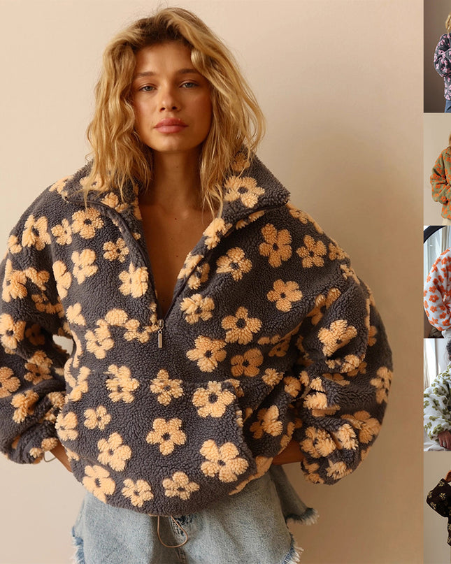 Winter Pullover Flowers Sweatshirt With Big Pockets