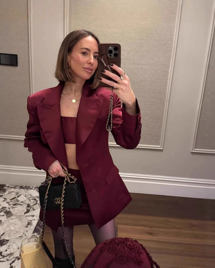 Burgundy Satin Fitted Waist Blazer And Skirt Set